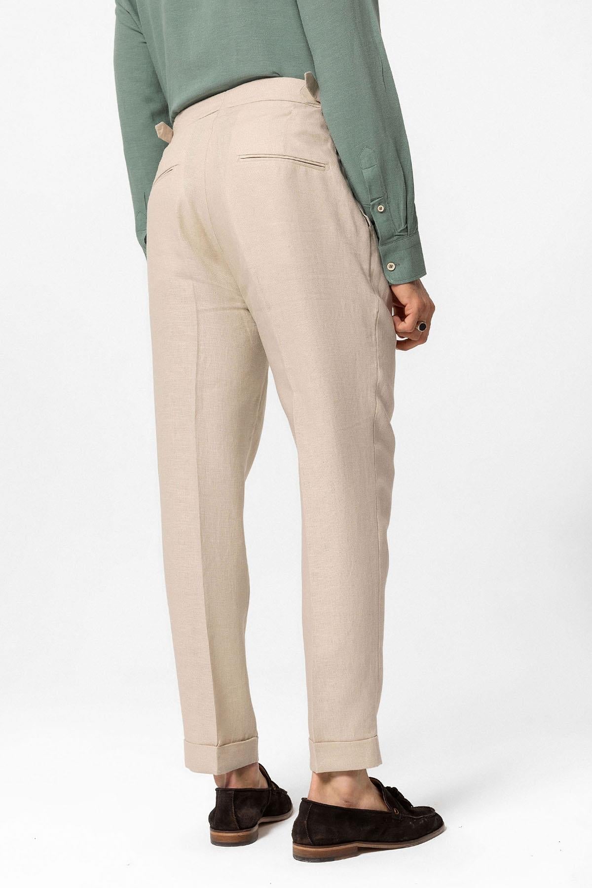 Men's Beige High-Waist 100% Linen Pleated Pants