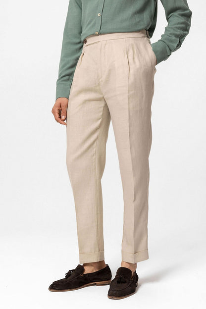 Men's Beige High-Waist 100% Linen Pleated Pants