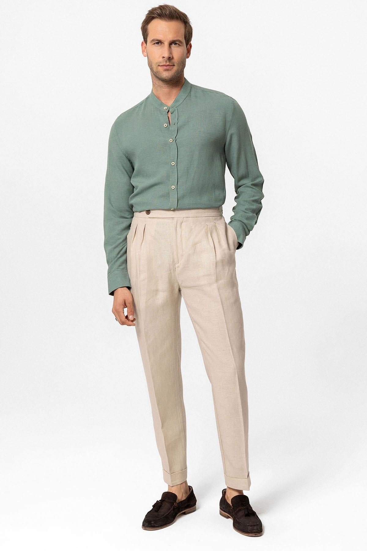 Men's Beige High-Waist 100% Linen Pleated Pants