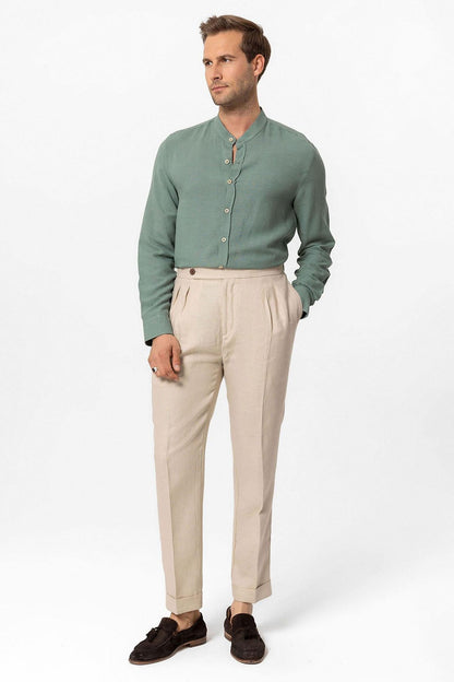 Men's Beige High-Waist 100% Linen Pleated Pants
