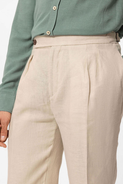 Men's Beige High-Waist 100% Linen Pleated Pants