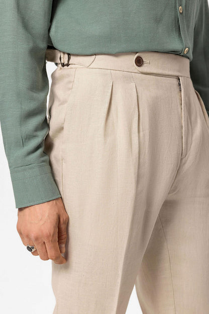 Men's Beige High-Waist 100% Linen Pleated Pants