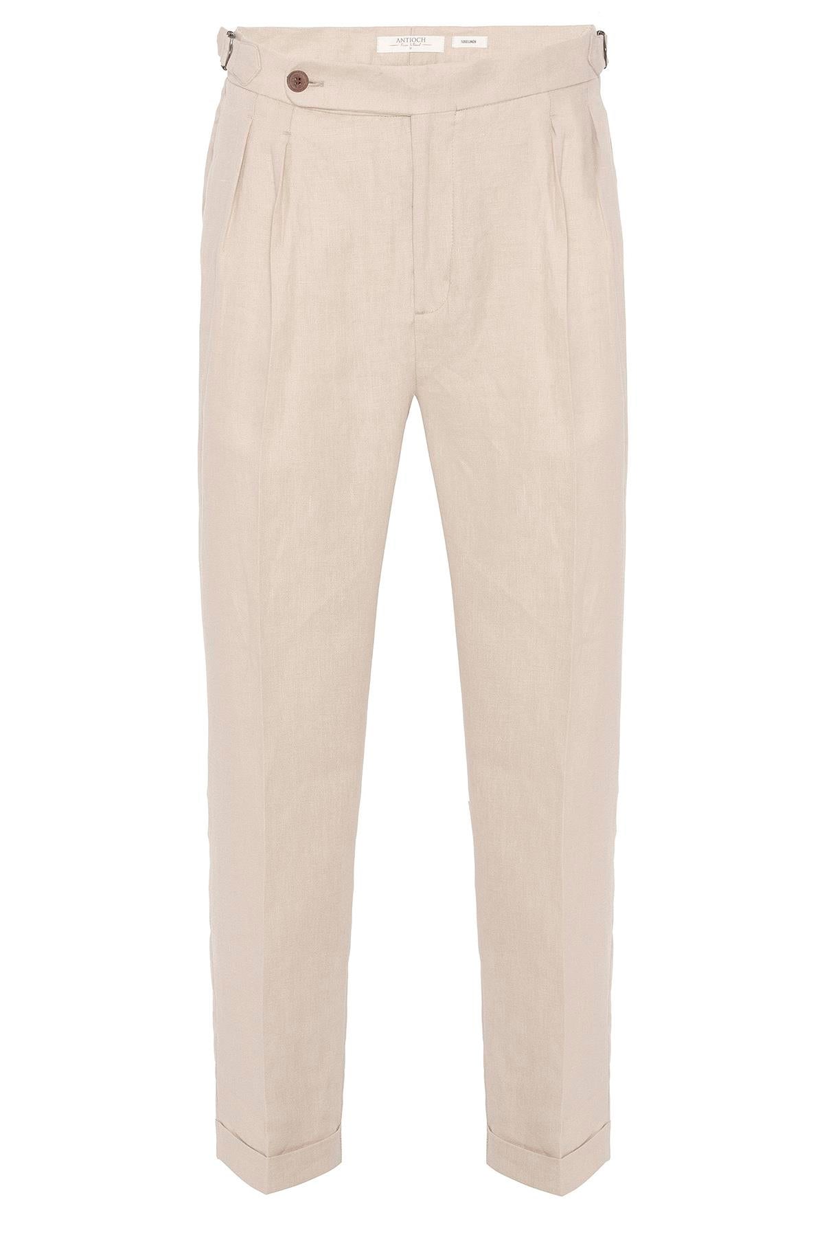 Men's Beige High-Waist 100% Linen Pleated Pants
