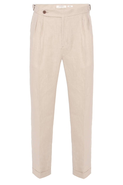 Men's Beige High-Waist 100% Linen Pleated Pants