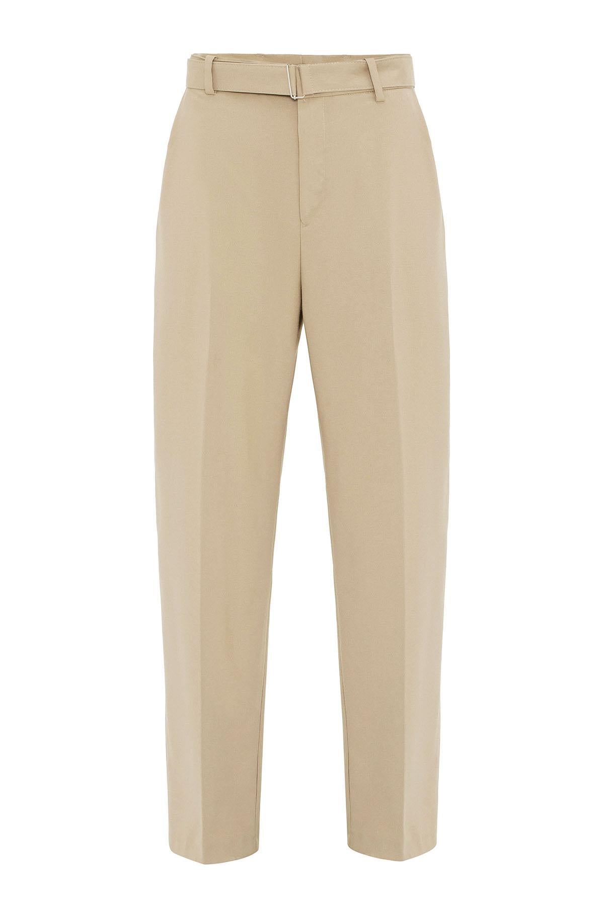 Beige High-Waisted Belted Men's Trousers