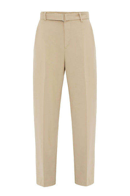 Beige High-Waisted Belted Men's Trousers