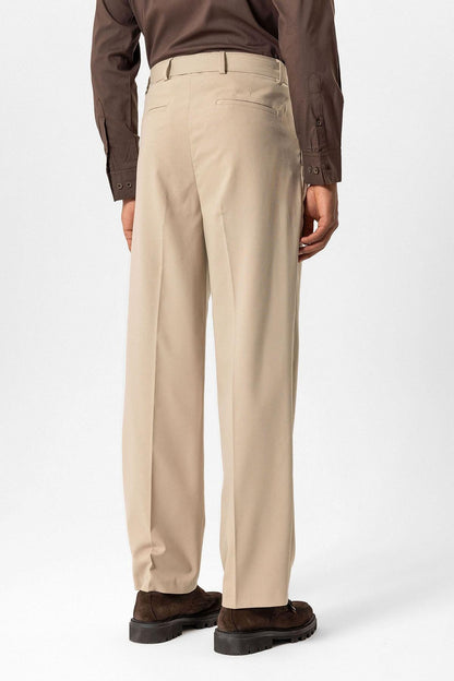 Beige High-Waisted Belted Men's Trousers