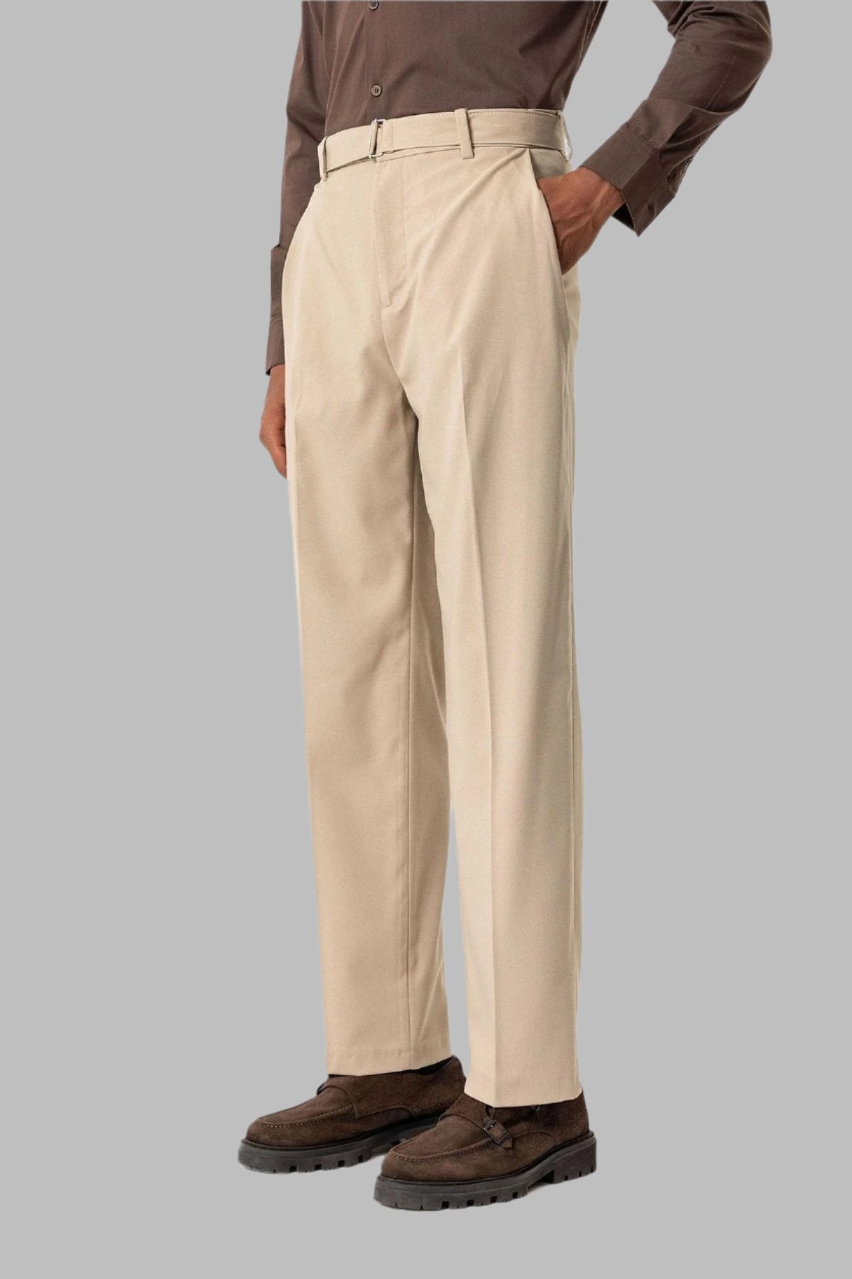 Beige High-Waisted Belted Men's Trousers