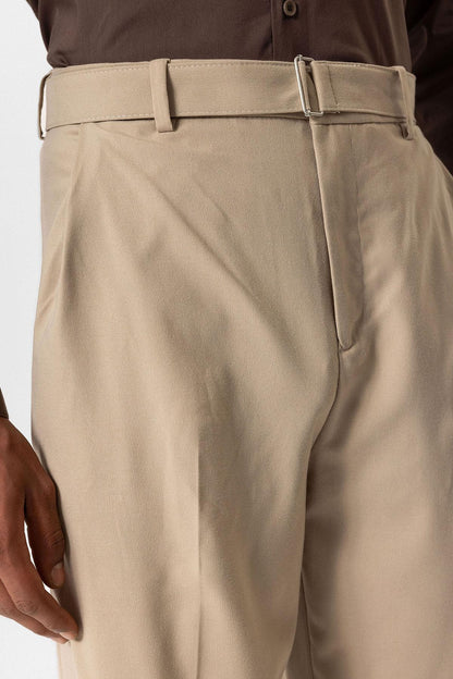 Beige High-Waisted Belted Men's Trousers