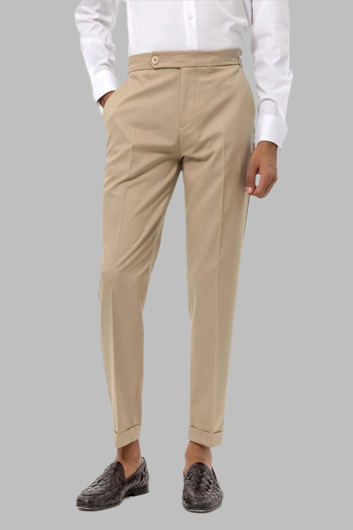 Men's Beige High-Waist Regular Fit Pants