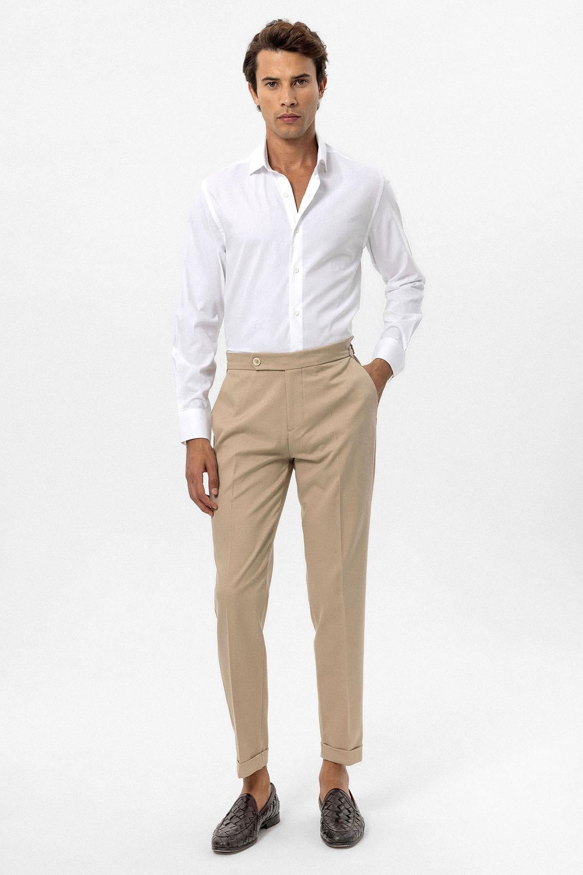Men's Beige High-Waist Regular Fit Pants