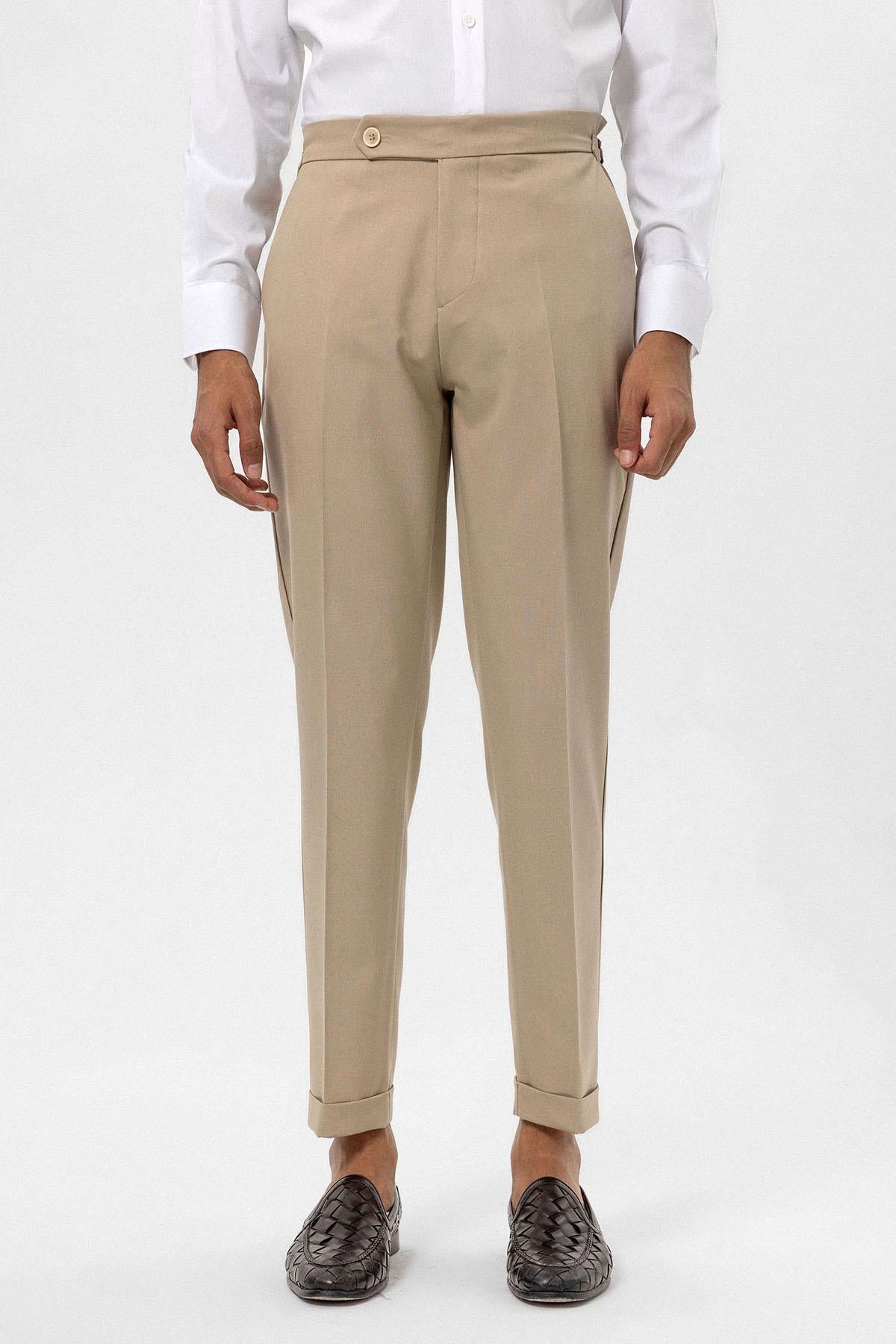 Men's Beige High-Waist Regular Fit Pants