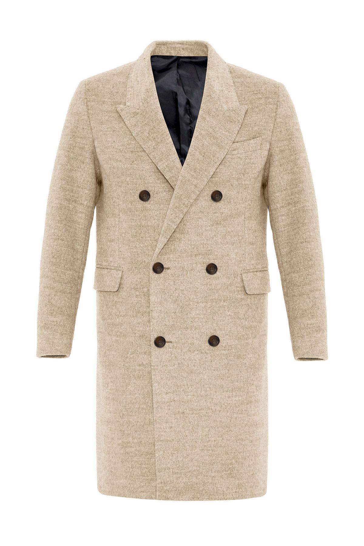 Beige Wool-Blend Double-Breasted Men's Coat