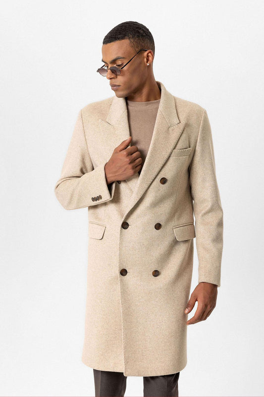 Beige Wool-Blend Double-Breasted Men's Coat