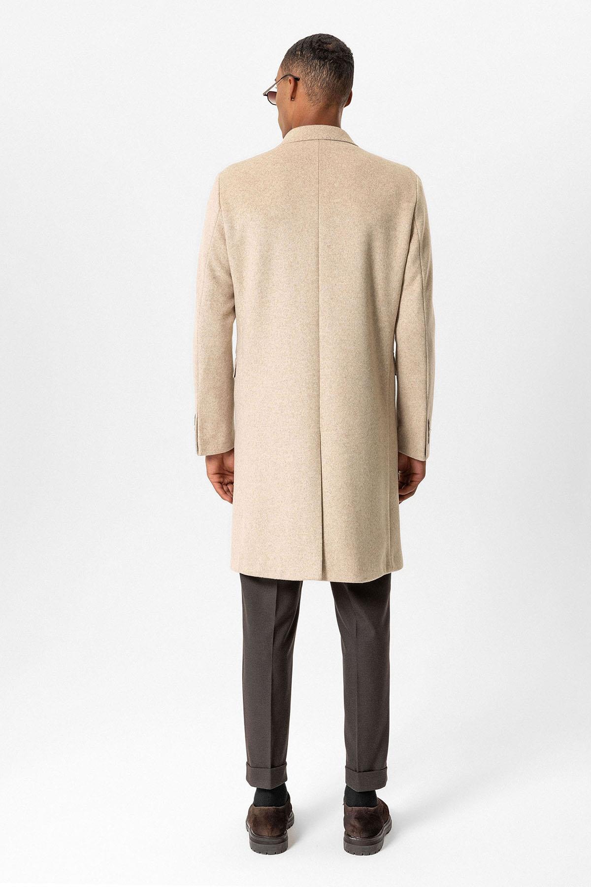 Beige Wool-Blend Double-Breasted Men's Coat