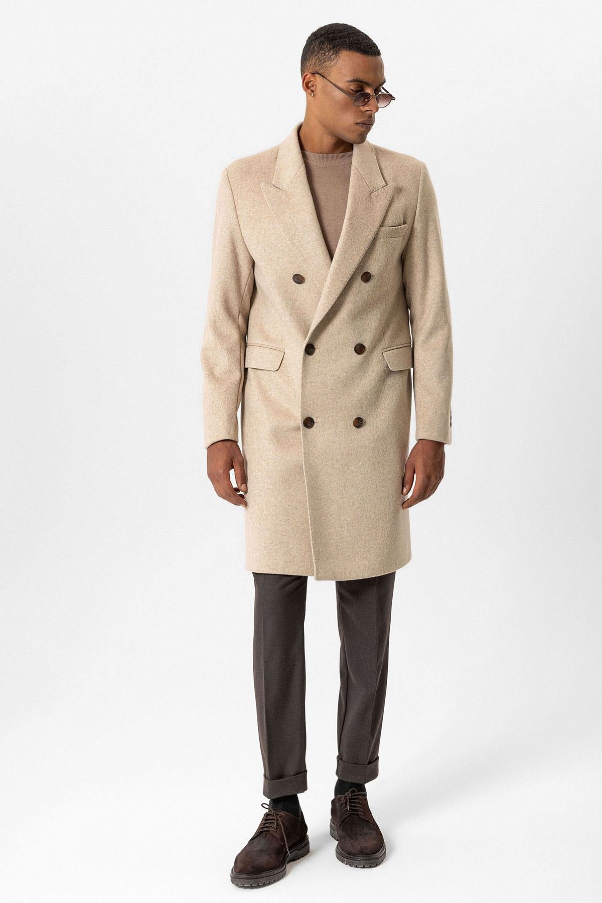 Beige Wool-Blend Double-Breasted Men's Coats