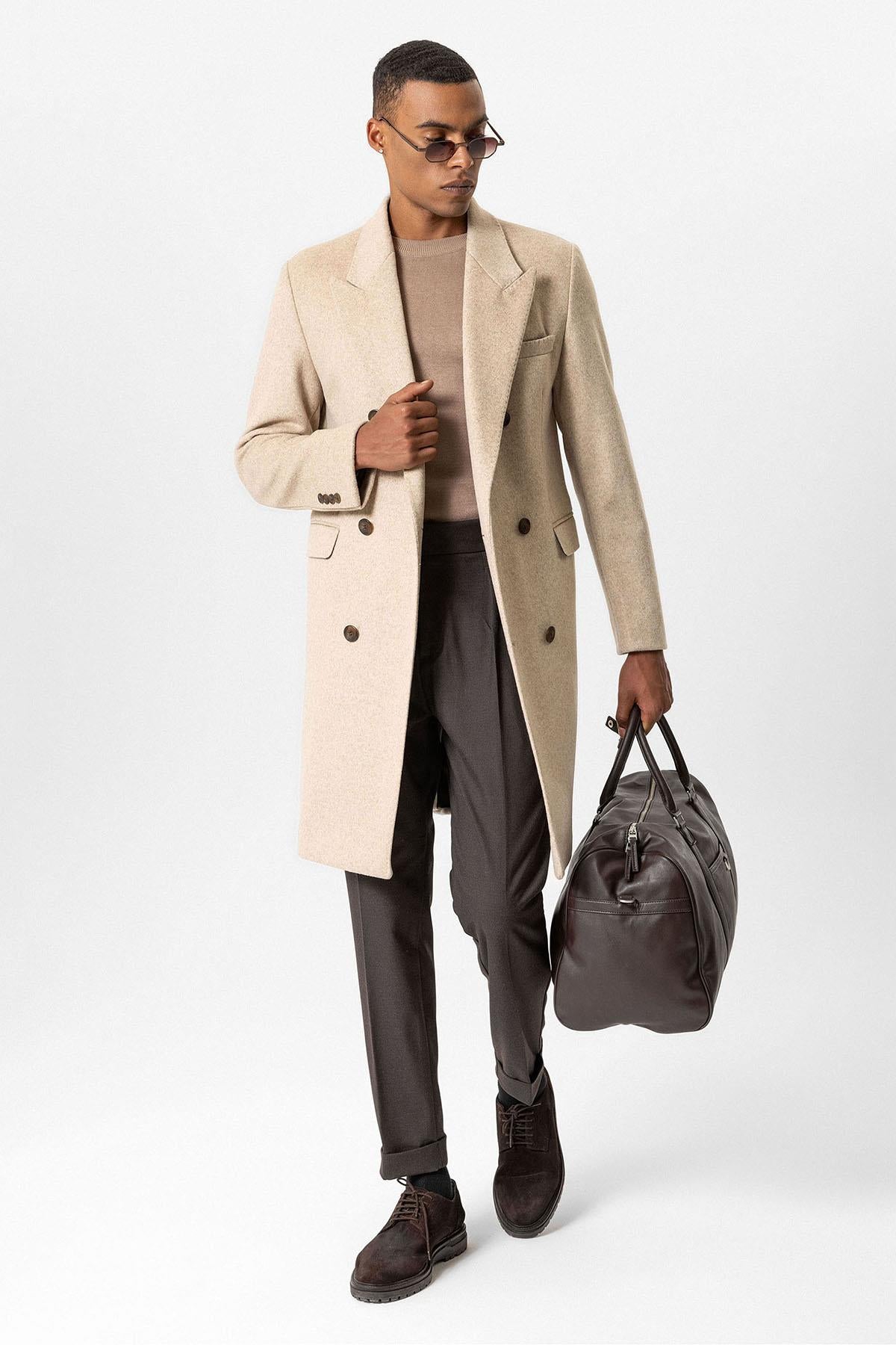 Beige Wool-Blend Double-Breasted Men's Coats