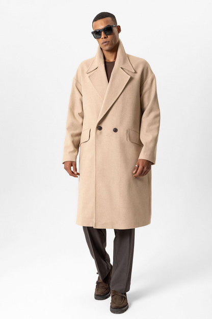 Beige Wool-Blend Double-Breasted Men's Coats