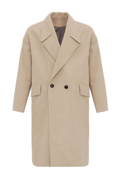 Beige Wool-Blend Double-Breasted Men's Coats