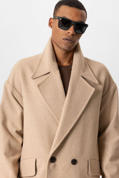 Beige Wool-Blend Double-Breasted Men's Coats