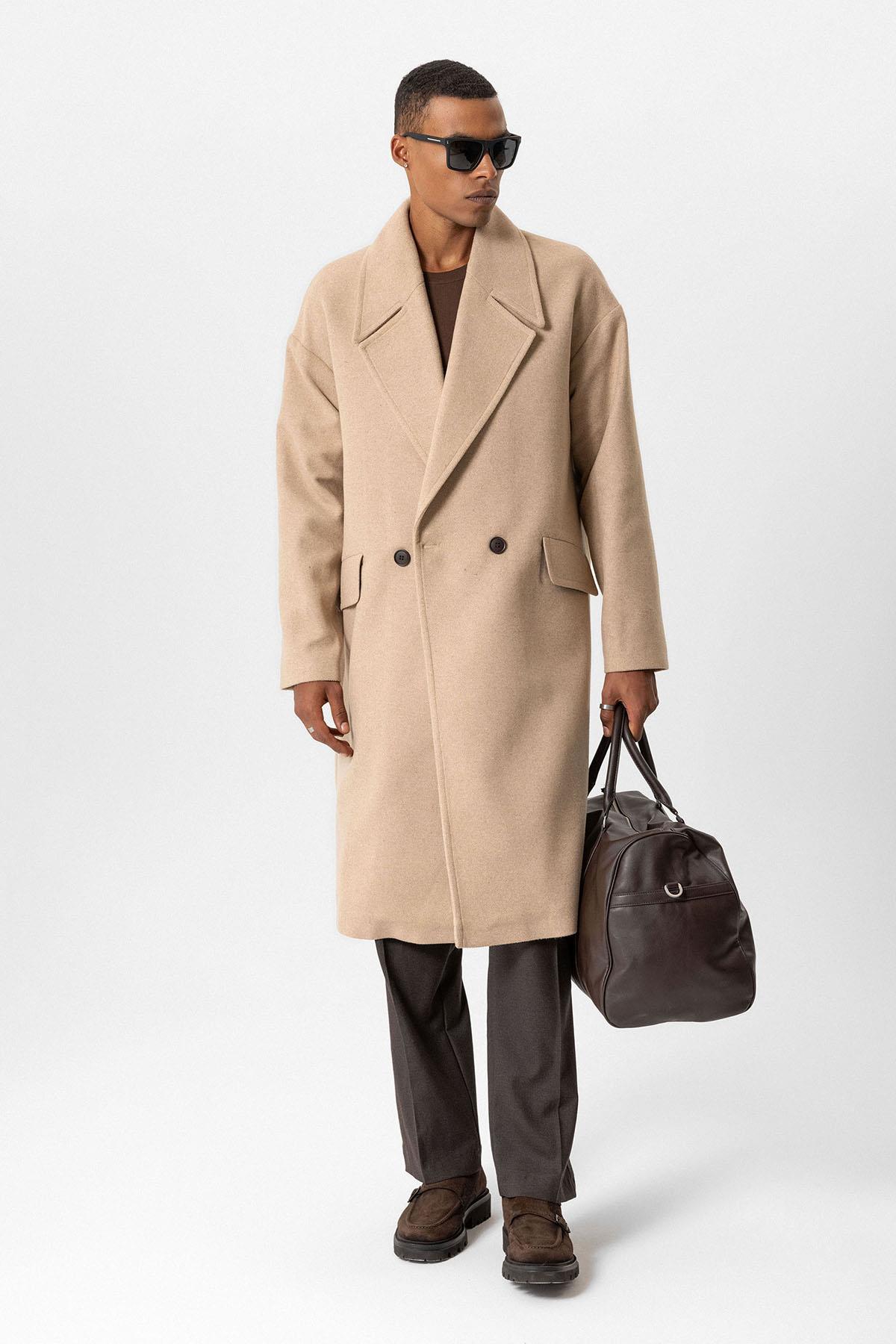 Beige Wool-Blend Double-Breasted Men's Coats