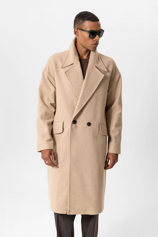 Beige Wool-Blend Double-Breasted Men's Coats