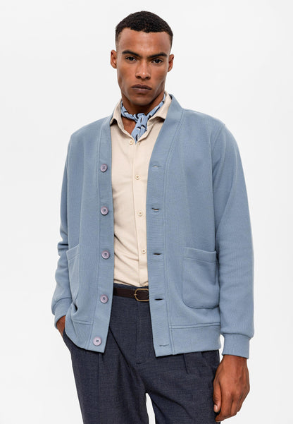Men's Baby Blue V-Neck Cardigan with Waist Elastic