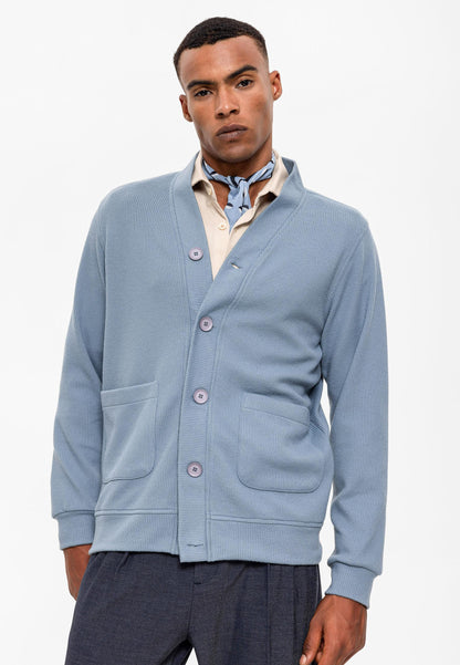 Men's Baby Blue V-Neck  Cardigan with Waist Elastic - Wessi