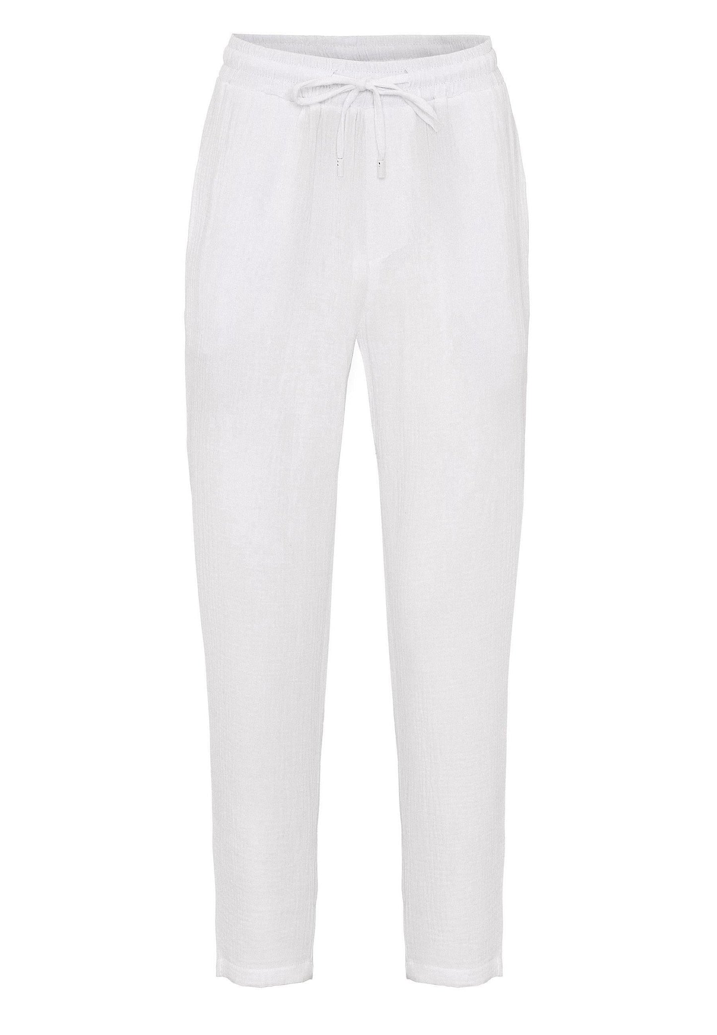 Men's White High Waist Muslin Fabric Trousers with Drawstring Waist