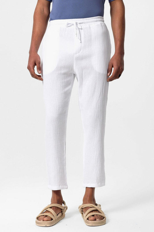 Men's White High Waist Muslin Fabric Trousers with Drawstring Waist