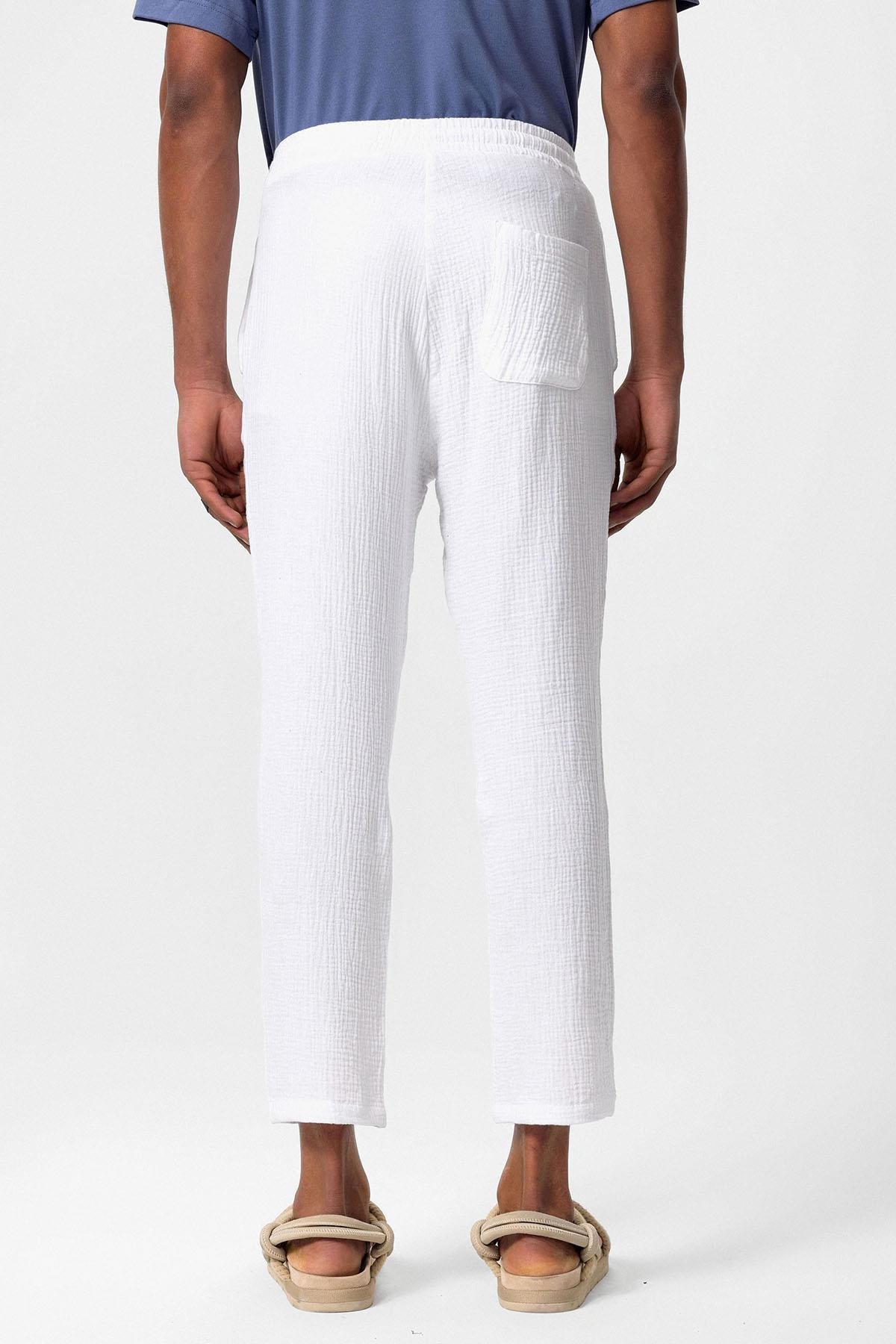 Men's White High Waist Muslin Fabric Trousers with Drawstring Waist