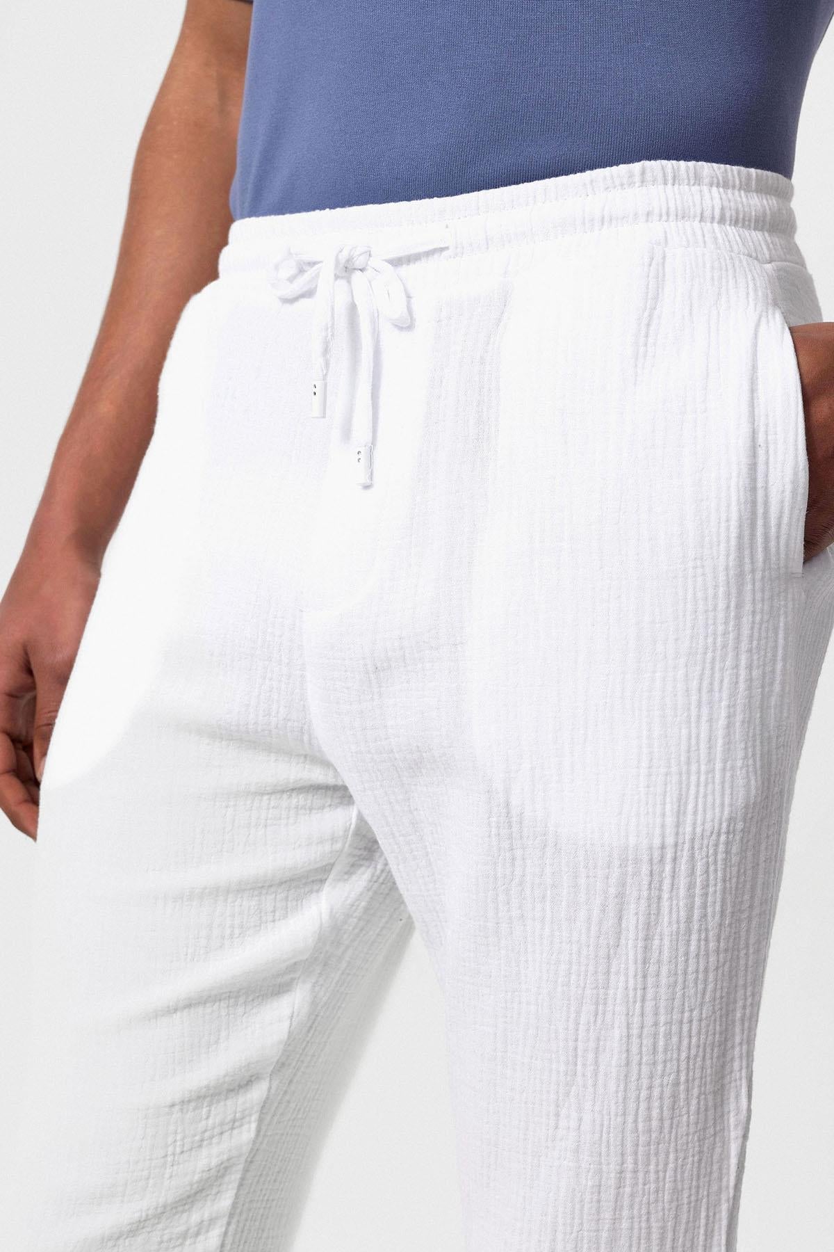 Men's White High Waist Muslin Fabric Trousers with Drawstring Waist