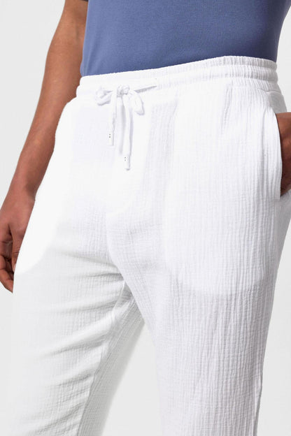 Men's White High Waist Muslin Fabric Trousers with Drawstring Waist