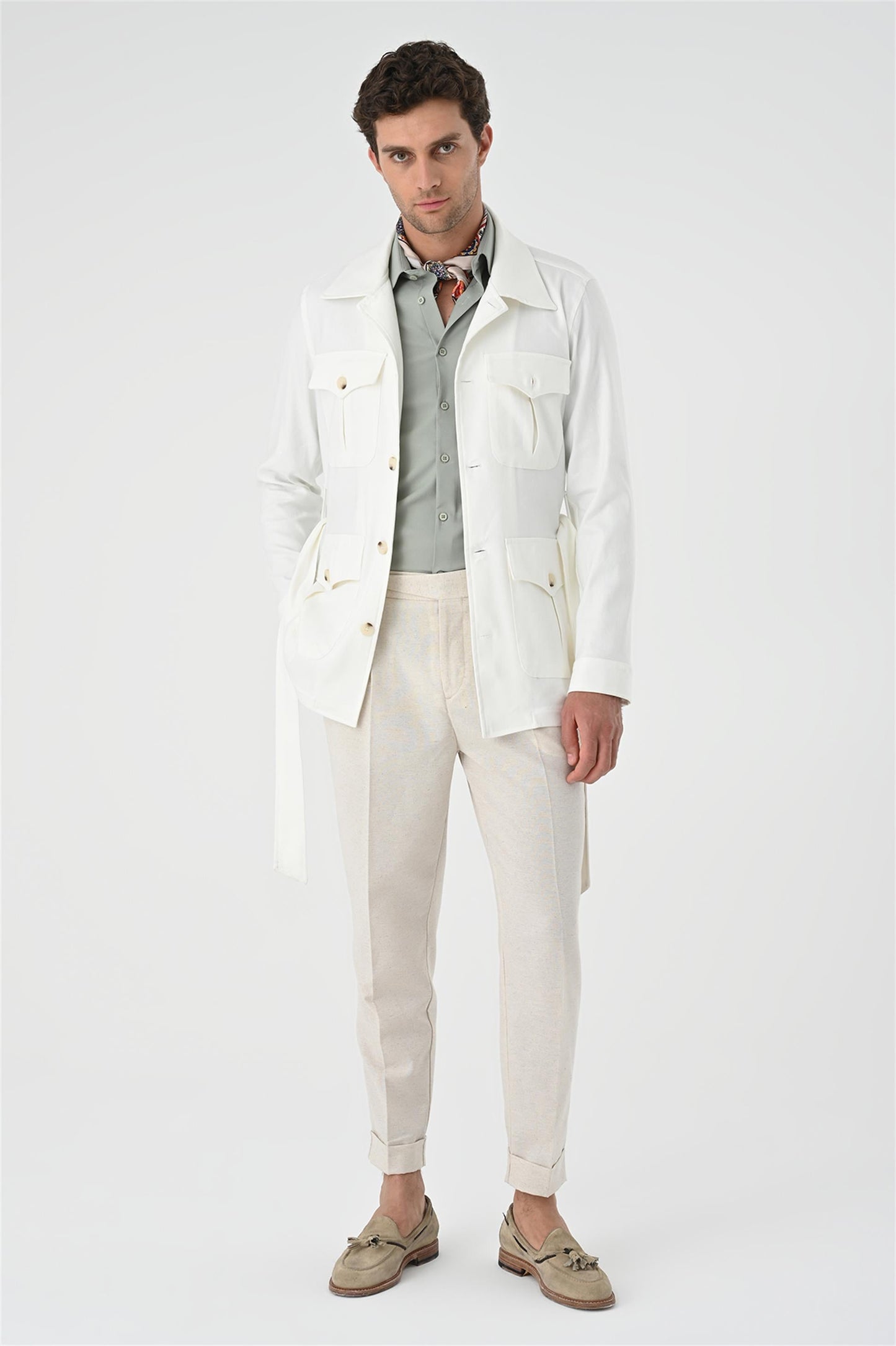 Men's Ecru Waist Belted Seasonal Linen Coat
