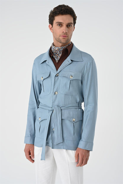Men's Blue Waist Belted Seasonal Linen Coat