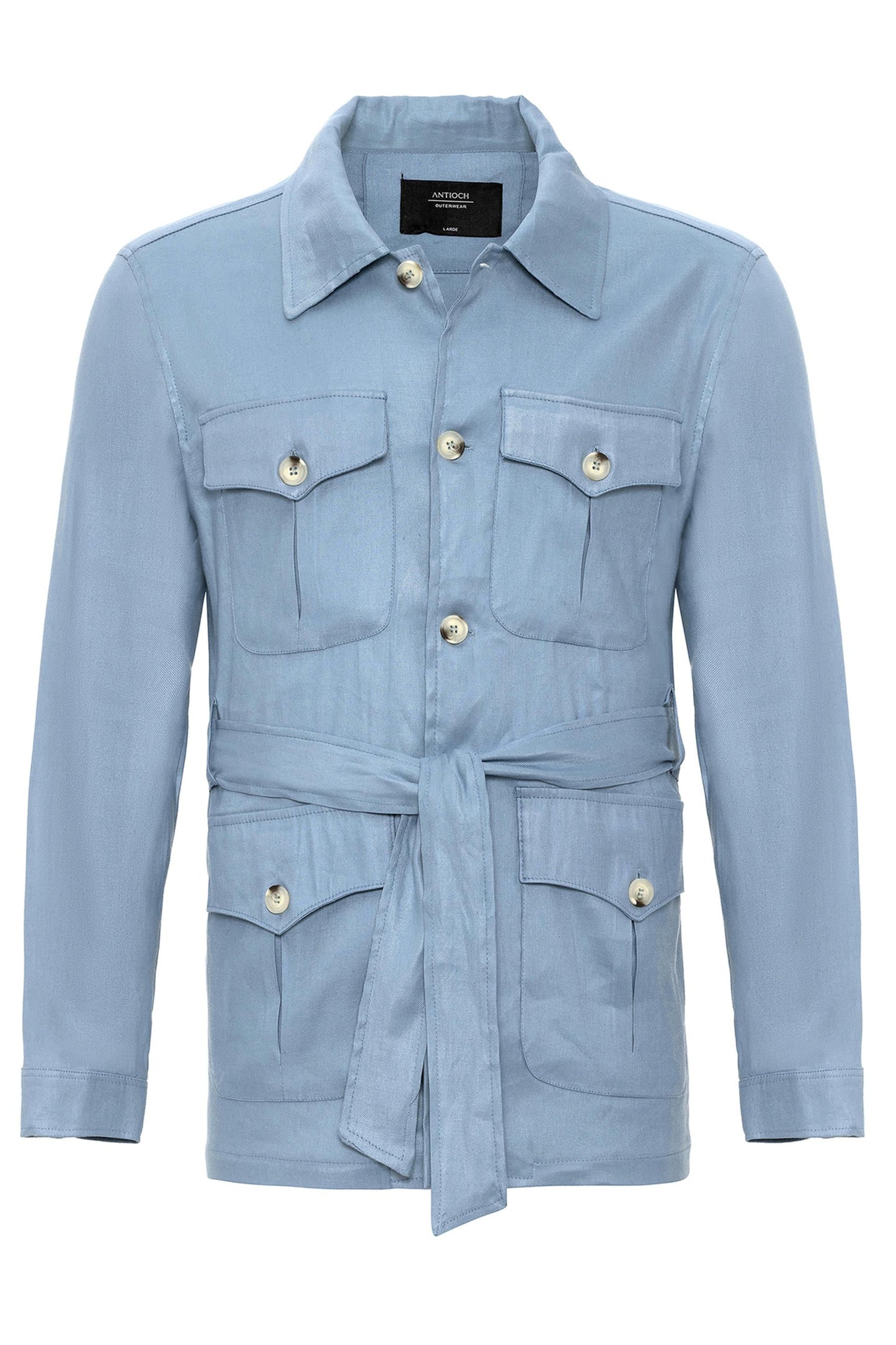 Men's Blue Waist Belted Seasonal Linen Coat