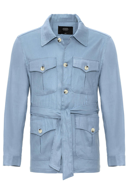 Men's Blue Waist Belted Seasonal Linen Coat
