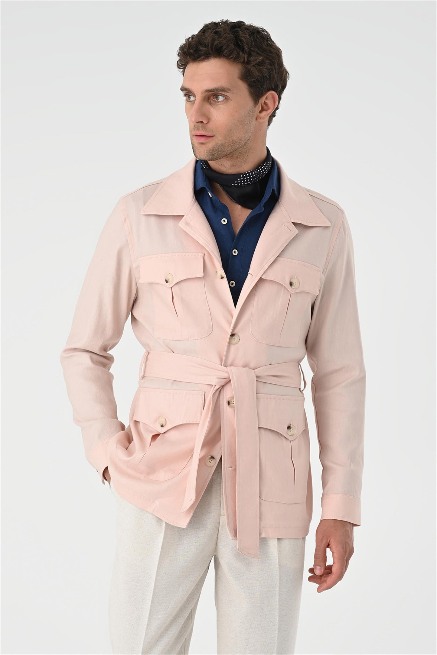 Men's Powder Waist Belted Seasonal Linen Coat