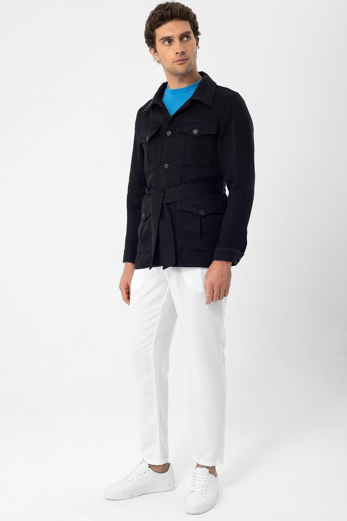 Men's Black Waist Belted Seasonal Linen Coat
