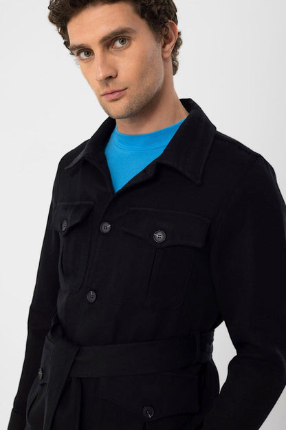 Men's Black Waist Belted Seasonal Linen Coat