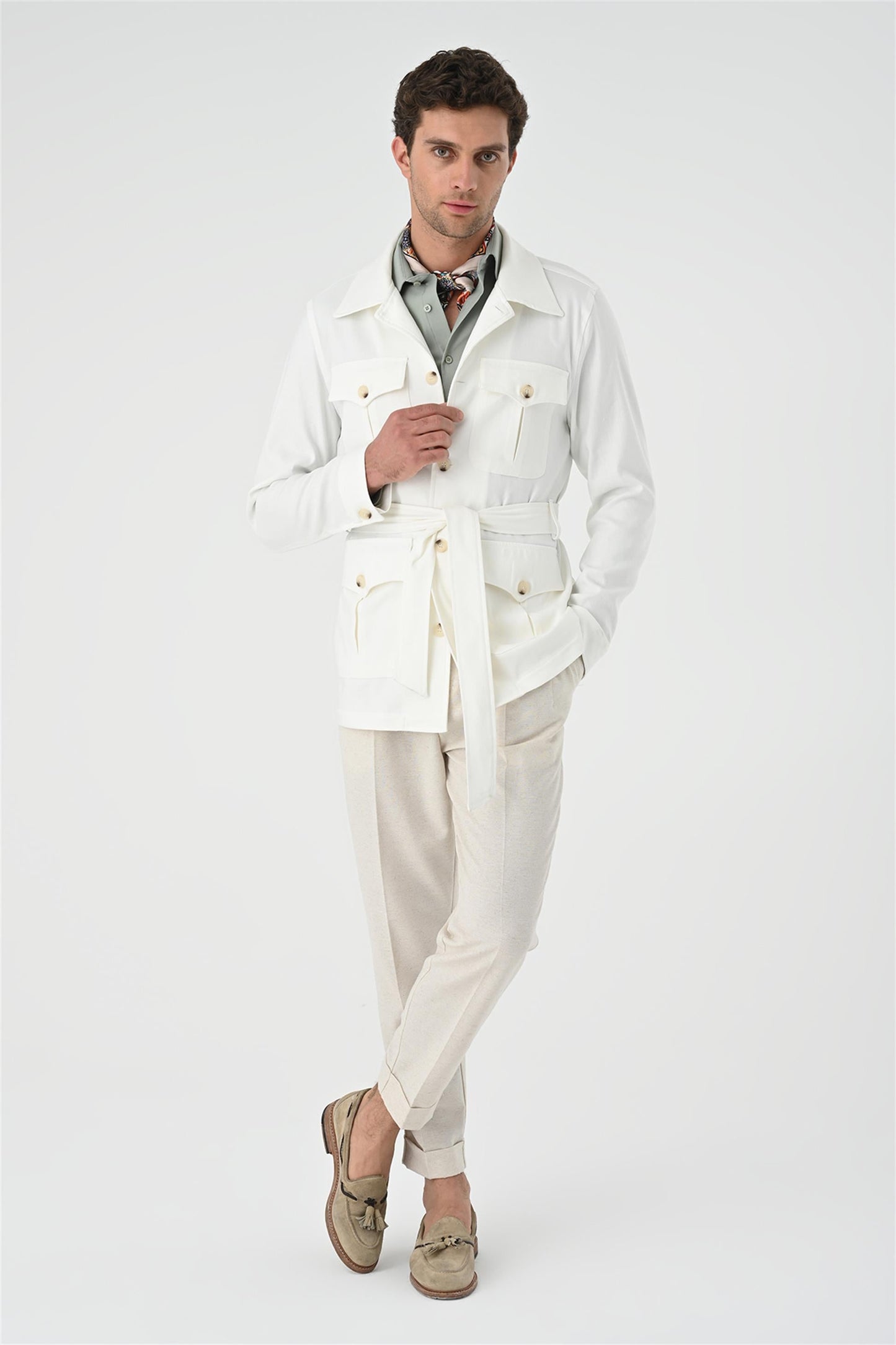 Men's Ecru Waist Belted Seasonal Linen Coat