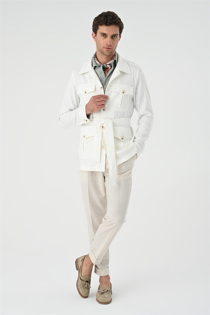 Men's Ecru Waist Belted Seasonal Linen Coat