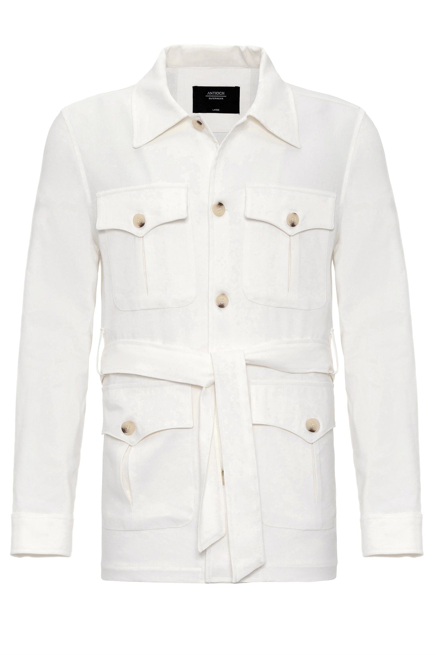 Men's Ecru Waist Belted Seasonal Linen Coat