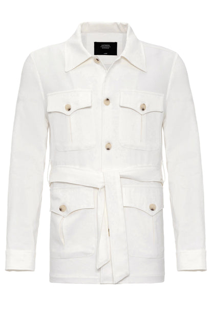 Men's Ecru Waist Belted Seasonal Linen Coat