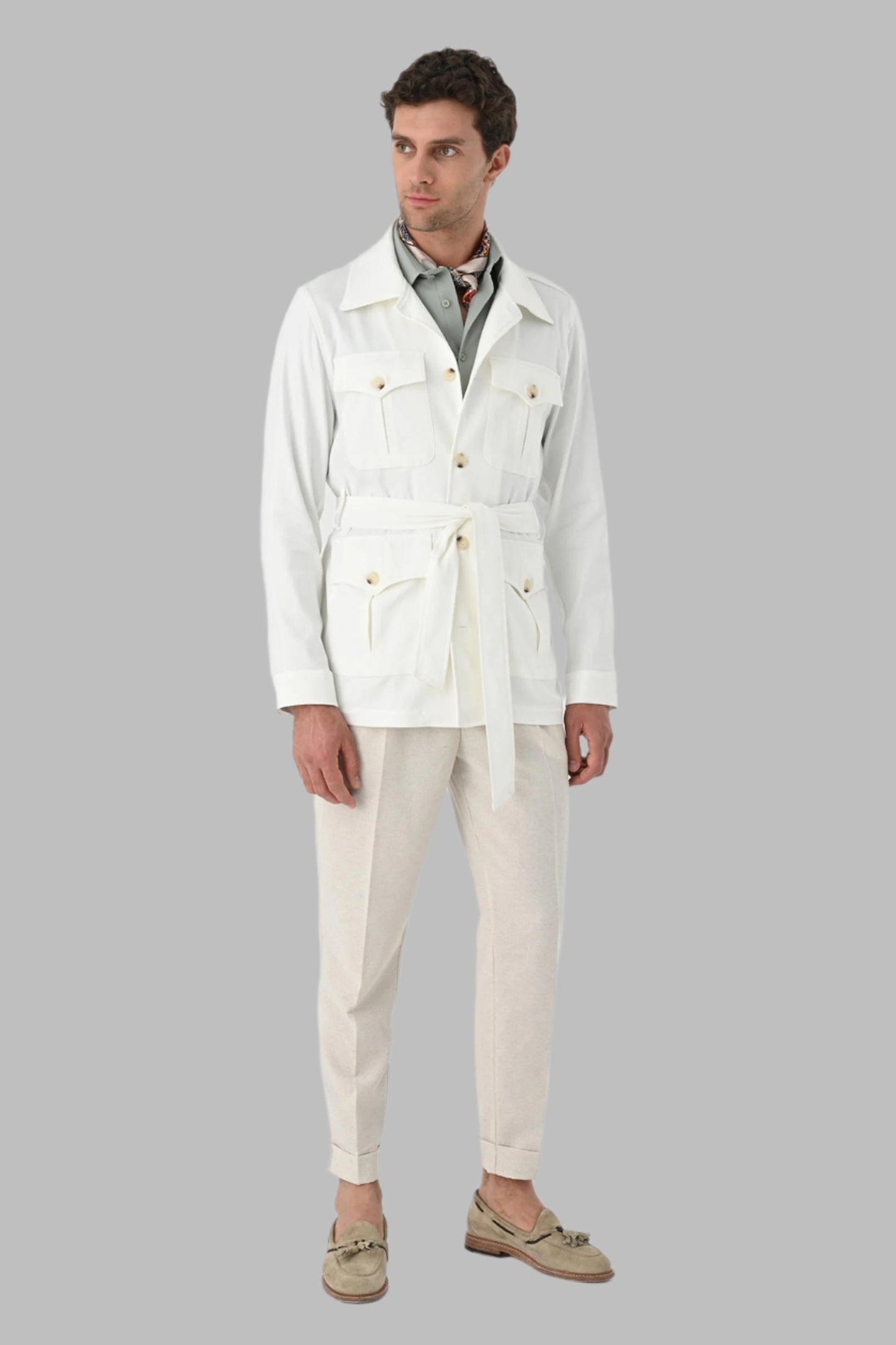 Men's Ecru Waist Belted Seasonal Linen Coat