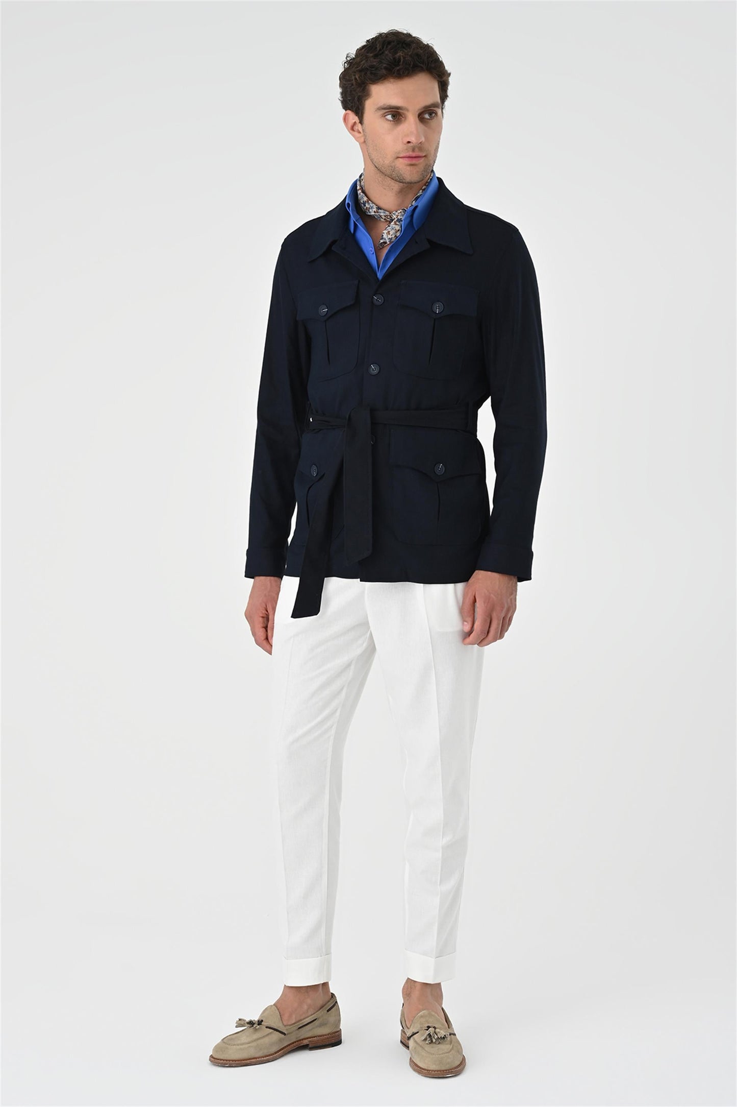 Men's Dark Navy Blue Waist Belted Seasonal Linen Coat