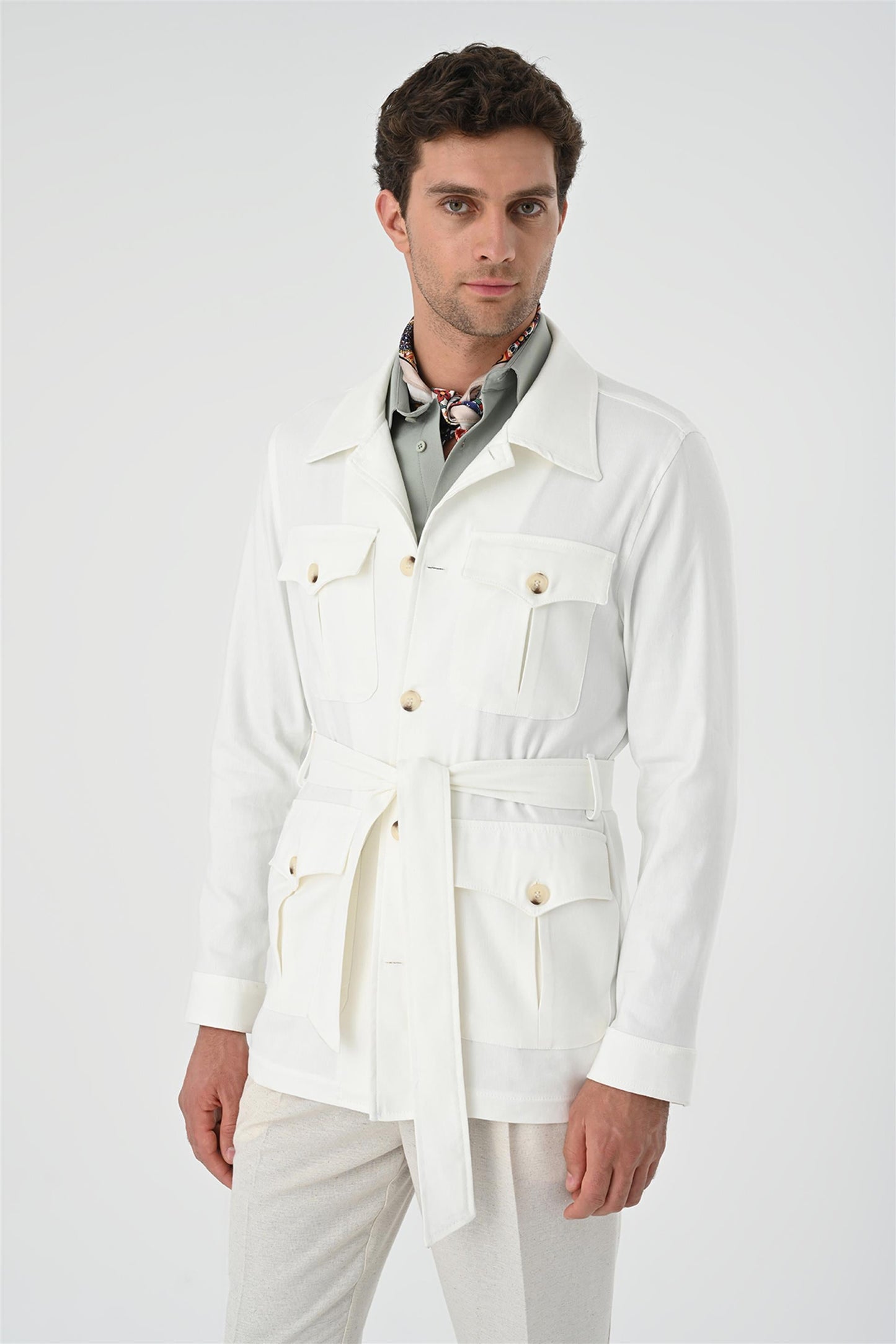 Men's Ecru Waist Belted Seasonal Linen Coat