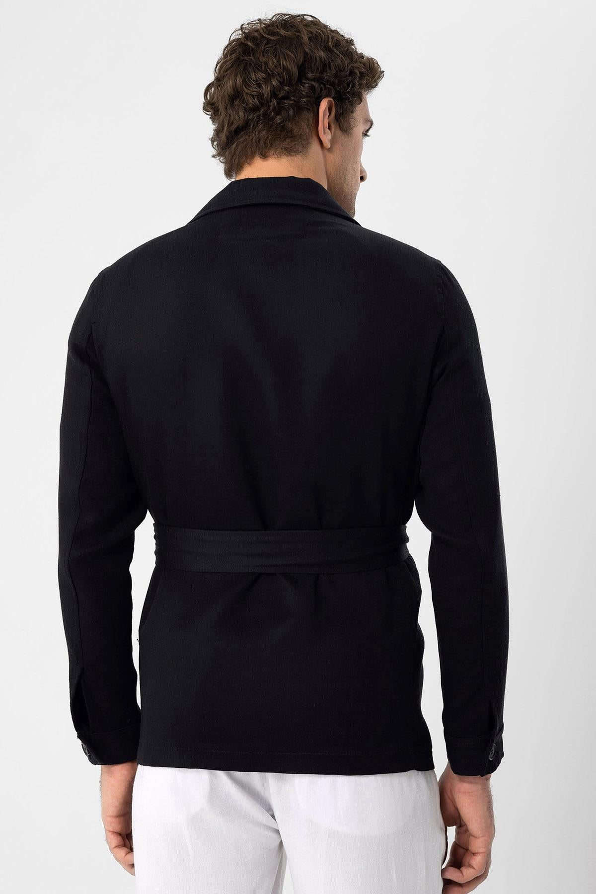 Men's Black Waist Belted Seasonal Linen Coat