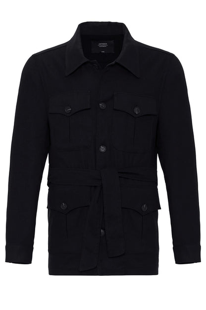 Men's Black Waist Belted Seasonal Linen Coat