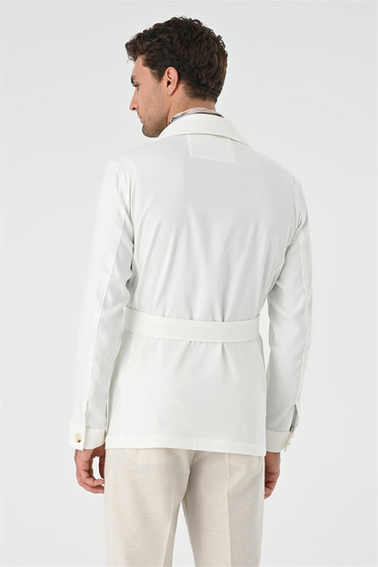 Men's Ecru Waist Belted Seasonal Linen Coat